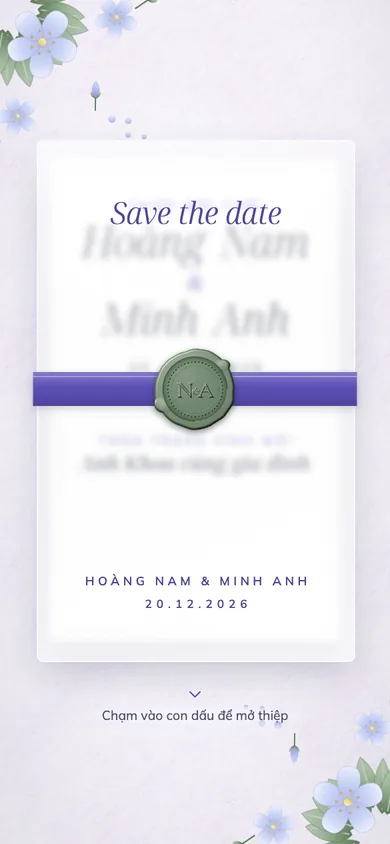 Bìa mẫu thiệp Cẩm Tú Cầu: giấy can buộc ruy băng tím, cẩm tú cầu vẽ tay