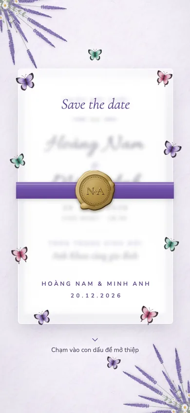 Bìa mẫu thiệp Vườn Bướm: đàn bướm đậu trên giấy can, chạm con dấu là bướm bay