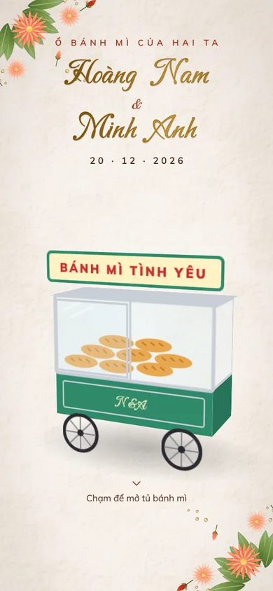Bìa mẫu thiệp Xe Bánh Mì: xe bánh mì tủ kính, chạm là cửa kính trượt, ổ bánh mì hình tim nhô ra