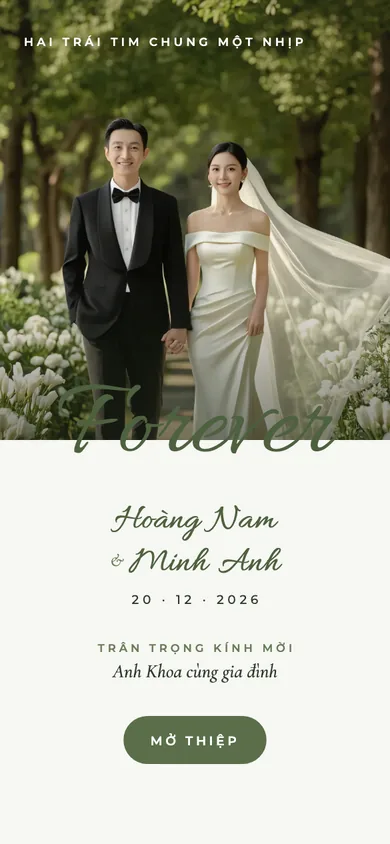 Bìa mẫu thiệp Lá Xô Thơm: ảnh cưới màu, chữ Forever viết tay xanh xô thơm